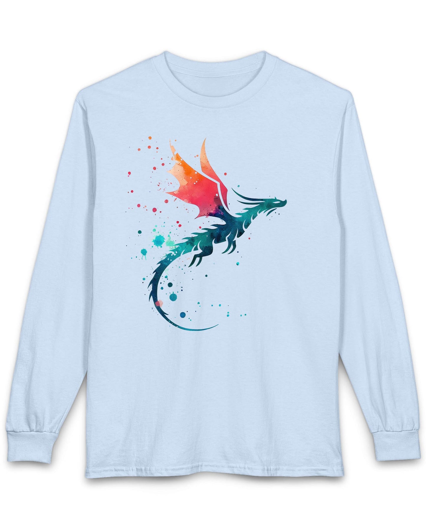 Twilight Whisper shirt in light blue featuring a stylized dragon silhouette with watercolor splashes in blue and orange