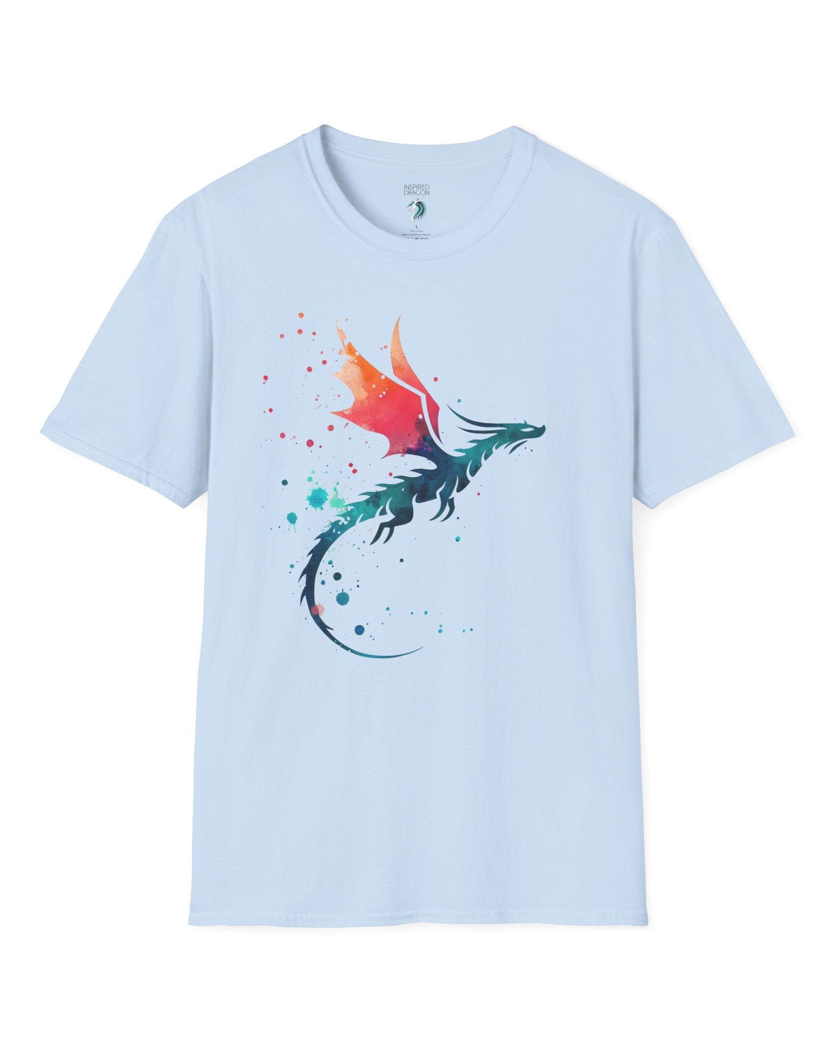 Twilight Whisper shirt in light blue featuring a stylized dragon silhouette with watercolor splashes in blue and orange.