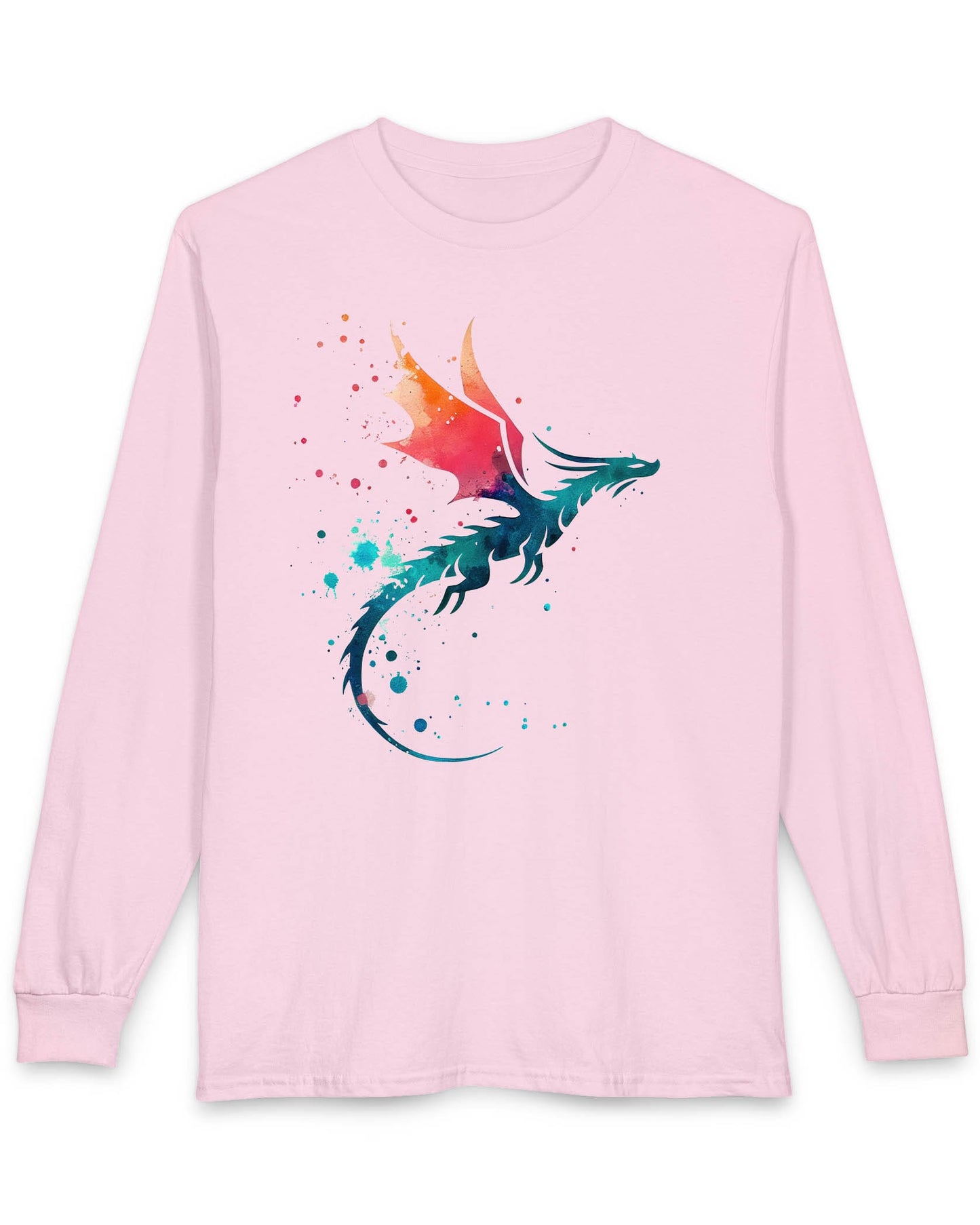 Twilight Whisper shirt in light pink featuring a stylized dragon silhouette with watercolor splashes in blue and orange