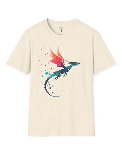 Twilight Whisper shirt in natural featuring a stylized dragon silhouette with watercolor splashes in blue and orange.