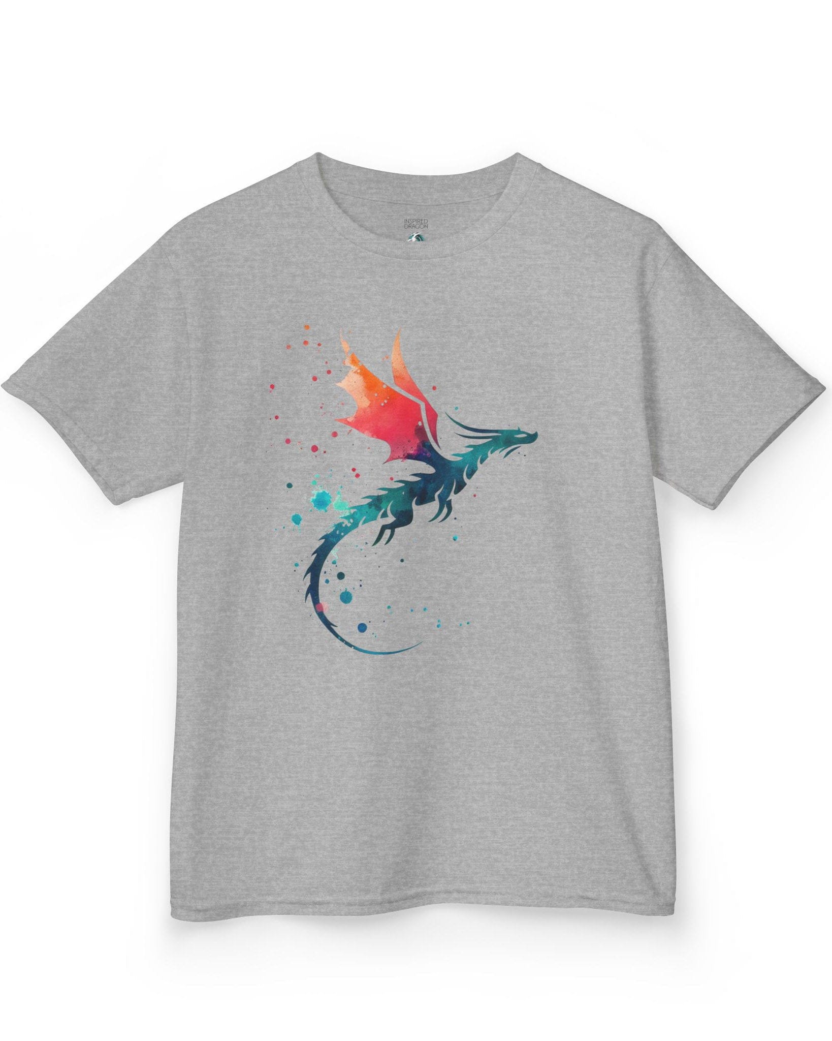 Twilight Whisper shirt in sport grey featuring a stylized dragon silhouette with watercolor splashes in blue and orange.