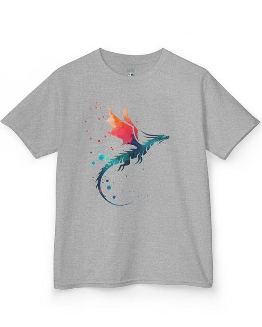 Twilight Whisper shirt in sport grey featuring a stylized dragon silhouette with watercolor splashes in blue and orange.
