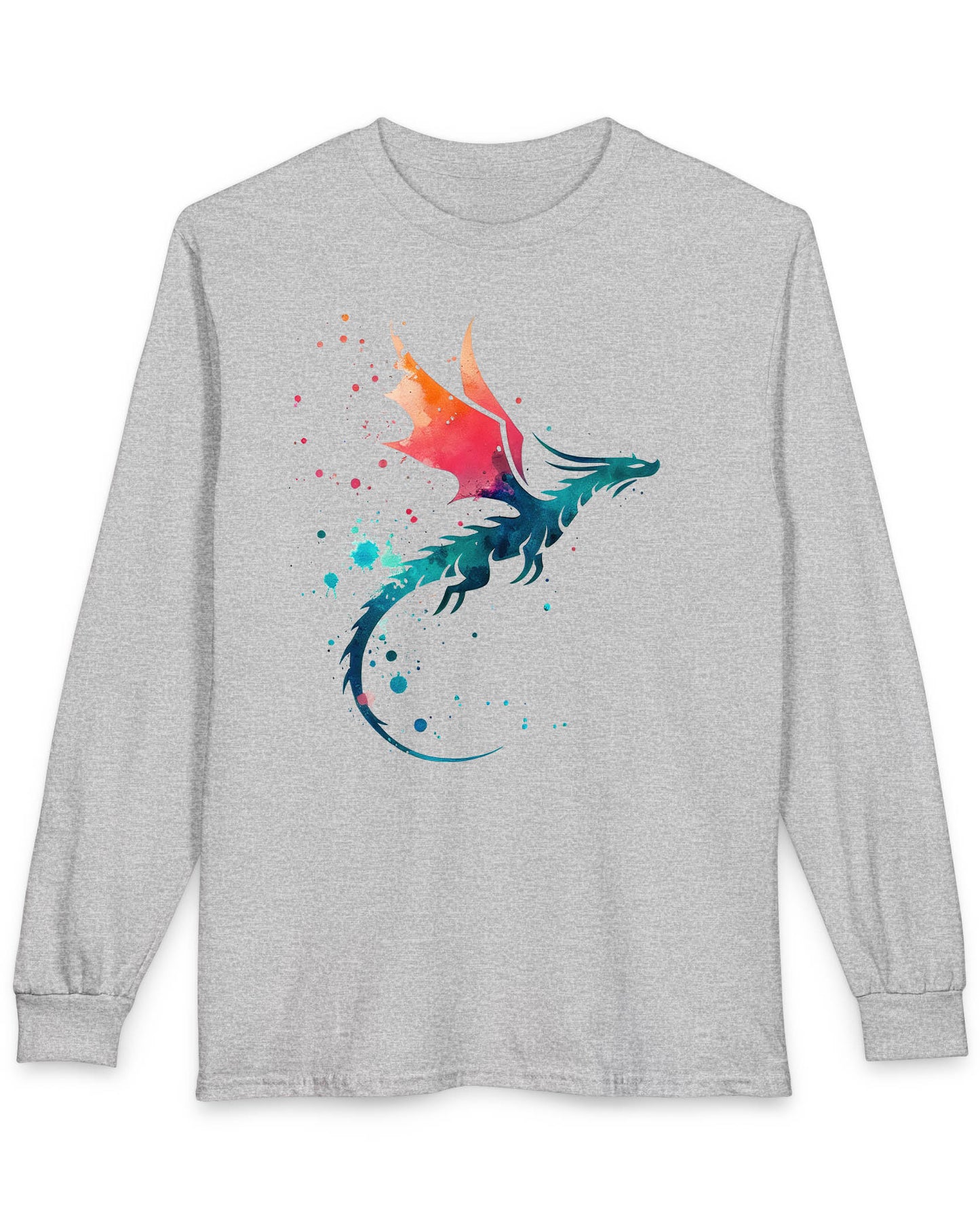 Twilight Whisper shirt in sport grey featuring a stylized dragon silhouette with watercolor splashes in blue and orange
