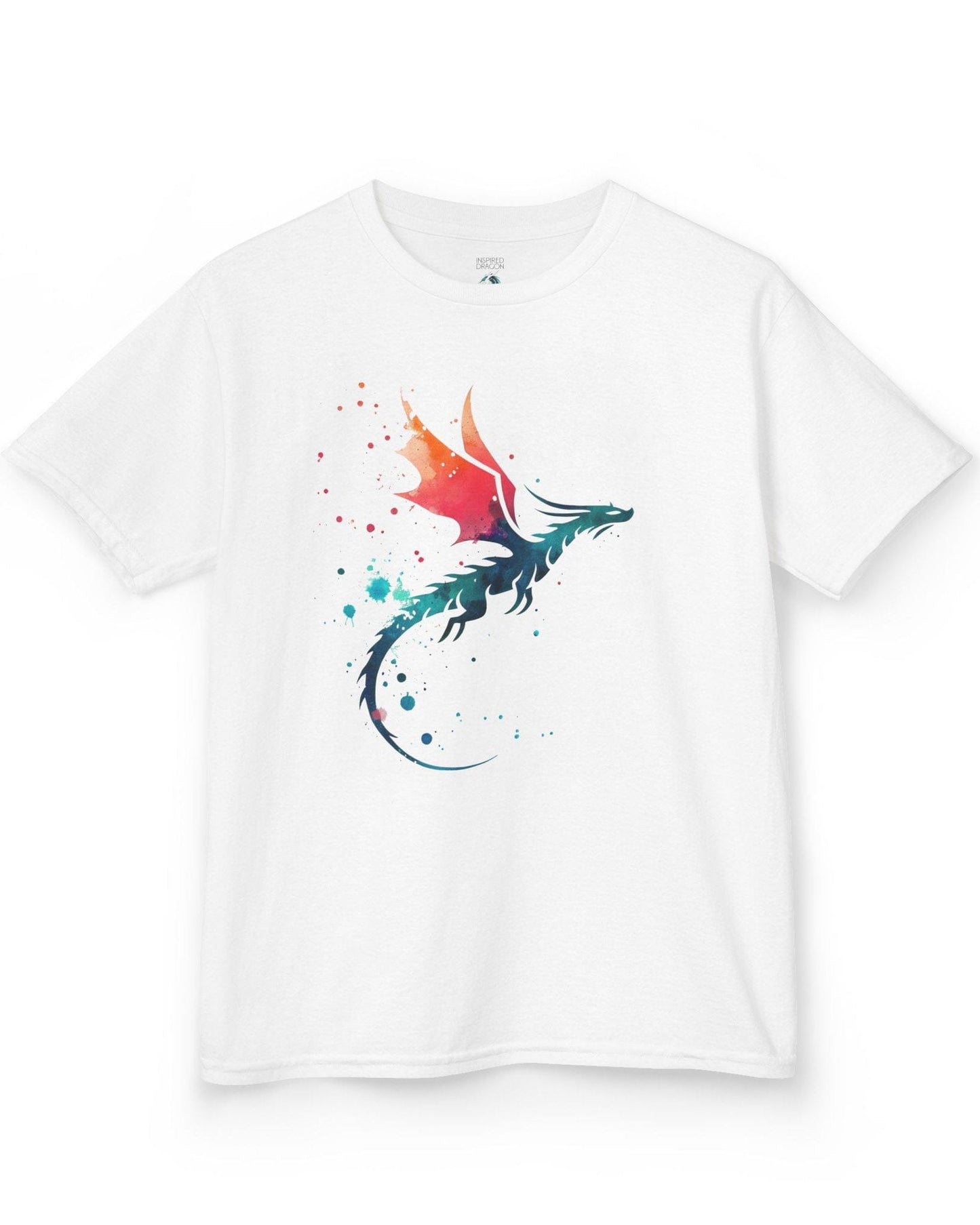 Twilight Whisper shirt in white featuring a stylized dragon silhouette with watercolor splashes in blue and orange.