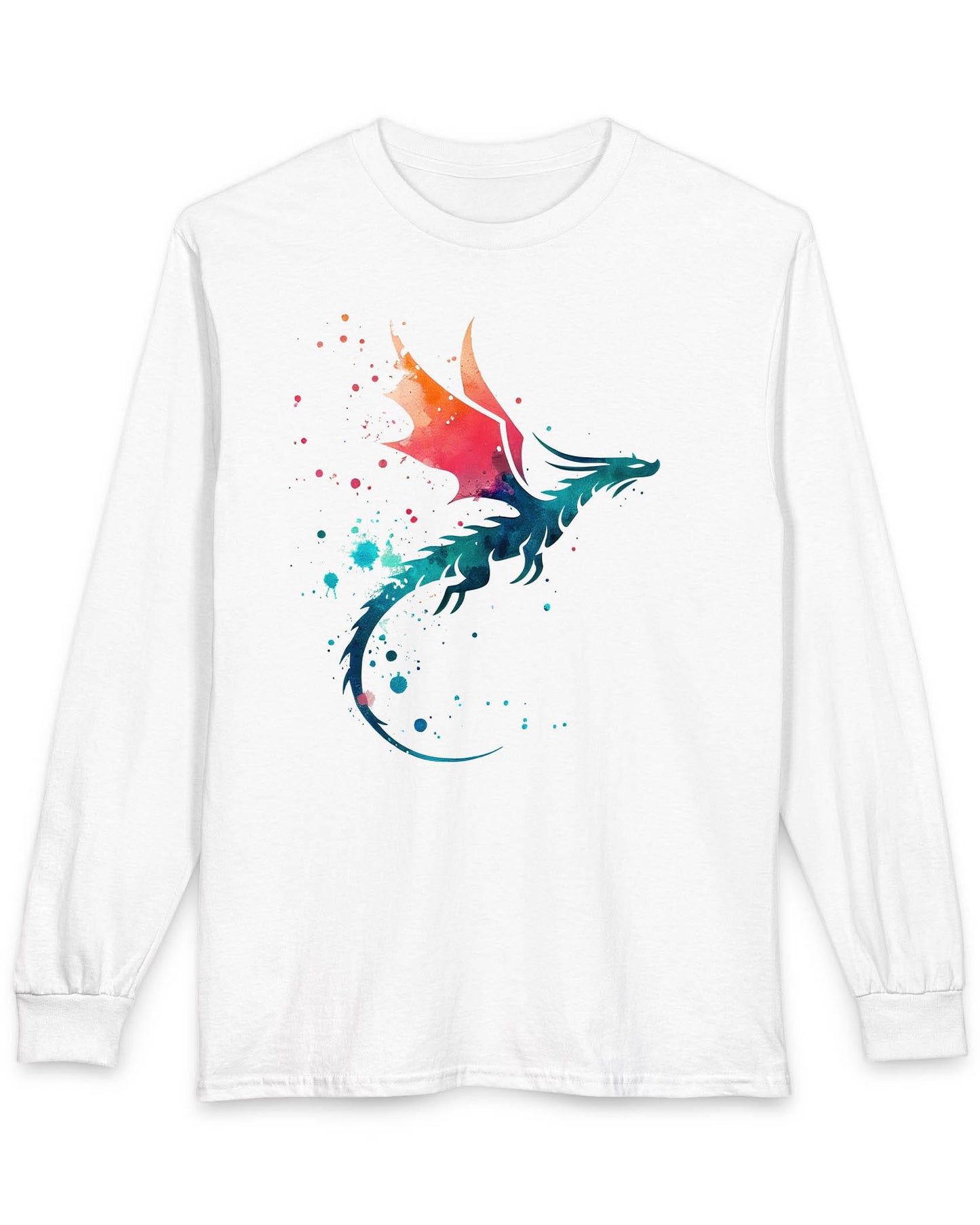 Twilight Whisper shirt in white featuring a stylized dragon silhouette with watercolor splashes in blue and orange
