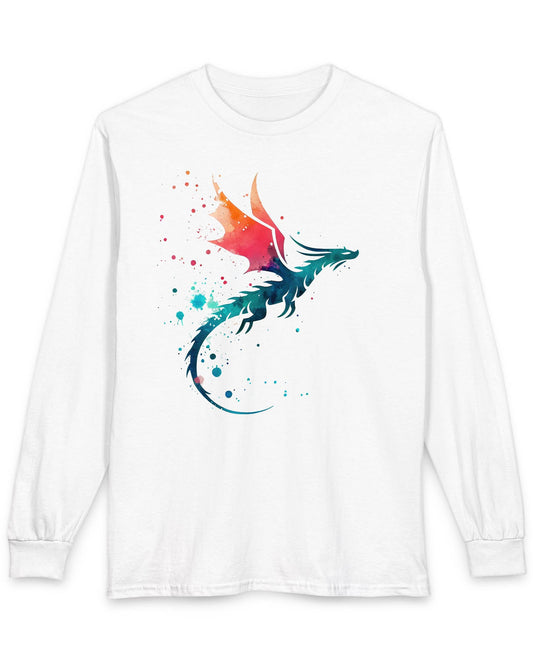Twilight Whisper shirt in white featuring a stylized dragon silhouette with watercolor splashes in blue and orange
