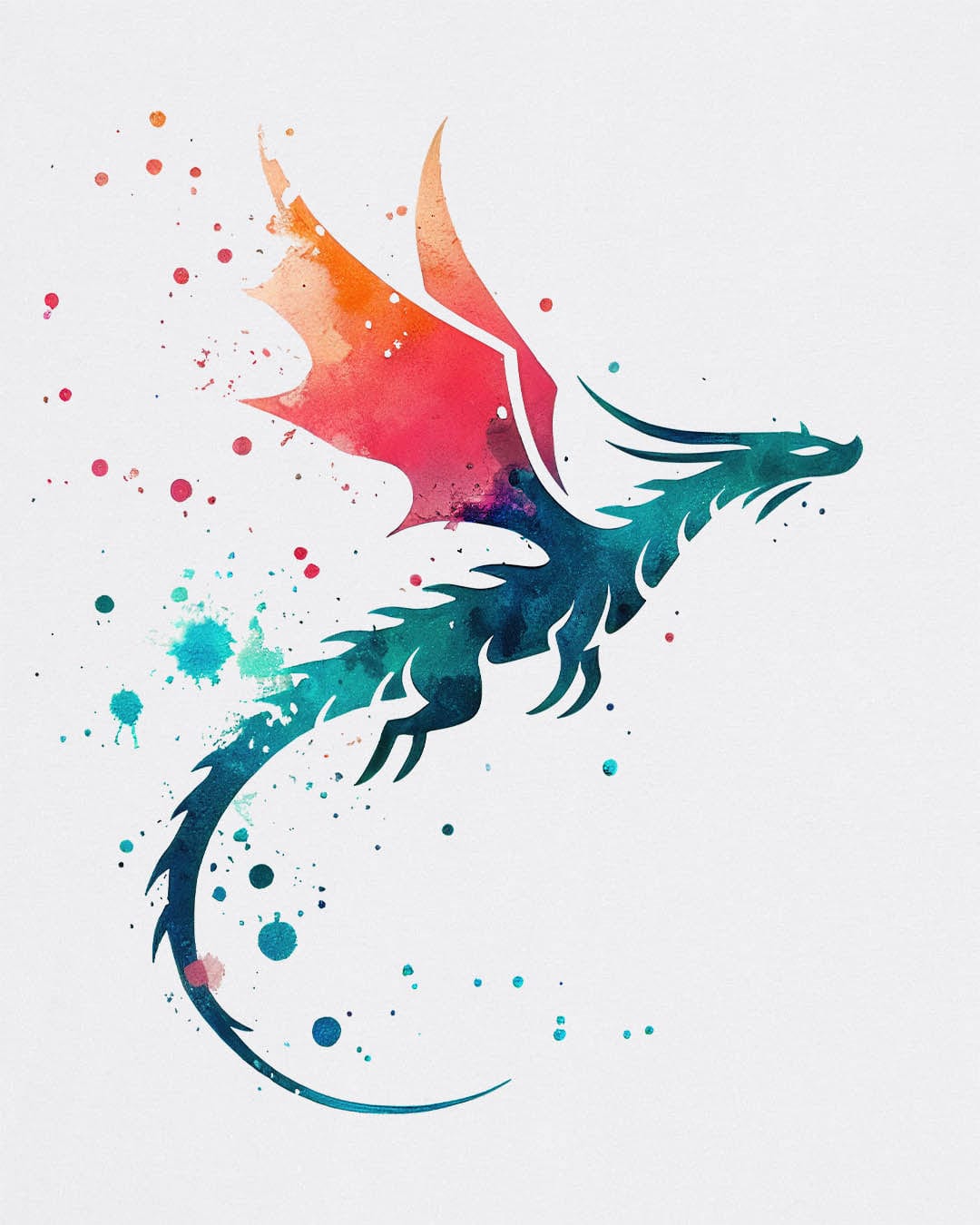 Twilight Whisper shirt in white featuring a stylized dragon silhouette with watercolor splashes in blue and orange.