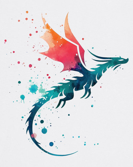 Twilight Whisper shirt in white featuring a stylized dragon silhouette with watercolor splashes in blue and orange.