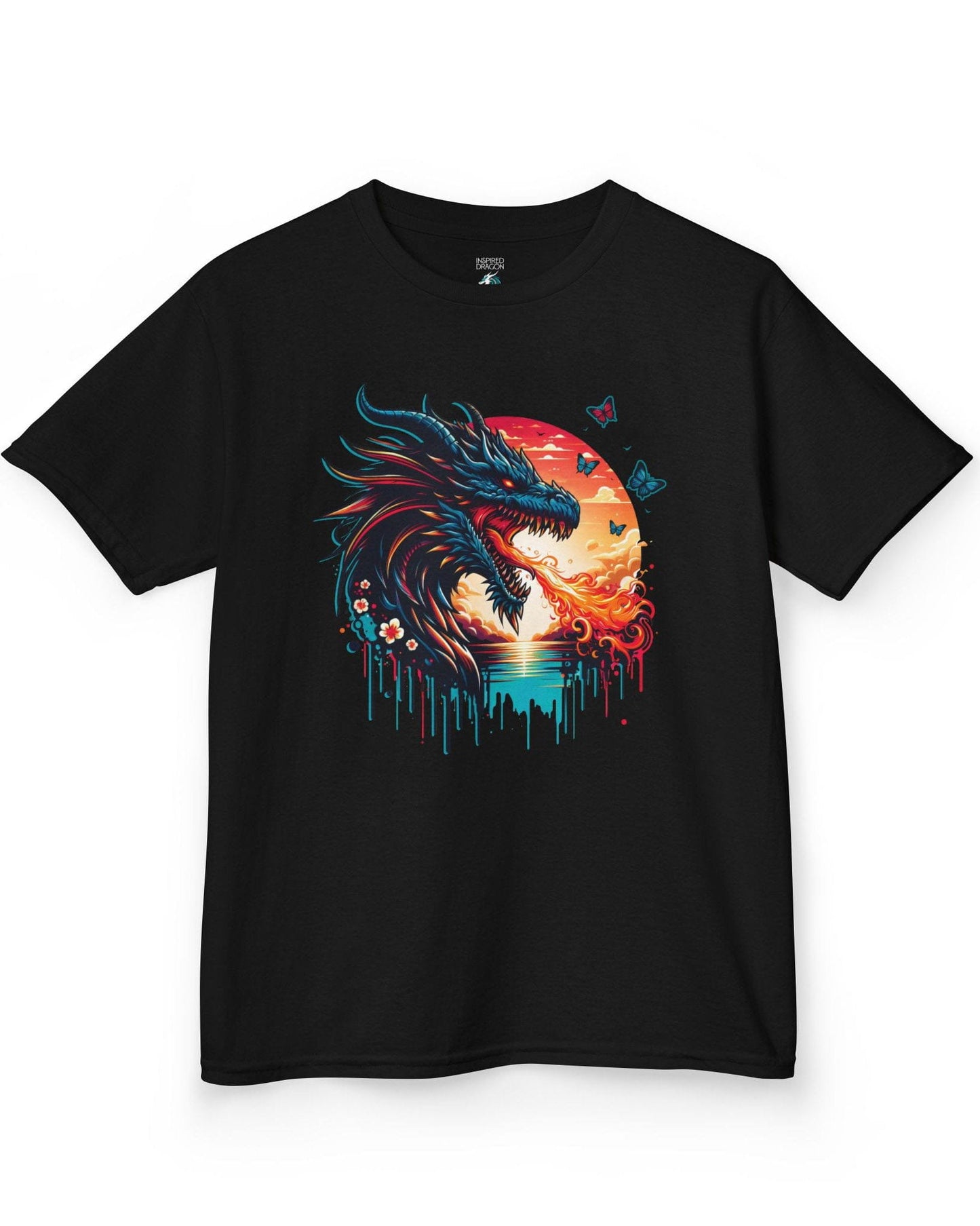 Sunset Inferno shirt in black featuring a fire-breathing dragon against a vibrant sunset with floral accents.
