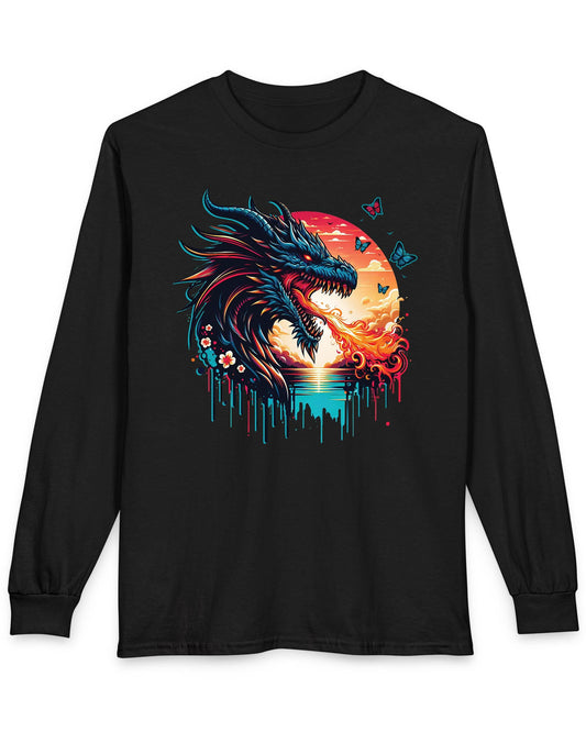 Sunset Inferno shirt in black featuring a fire-breathing dragon against a vibrant sunset with floral accents