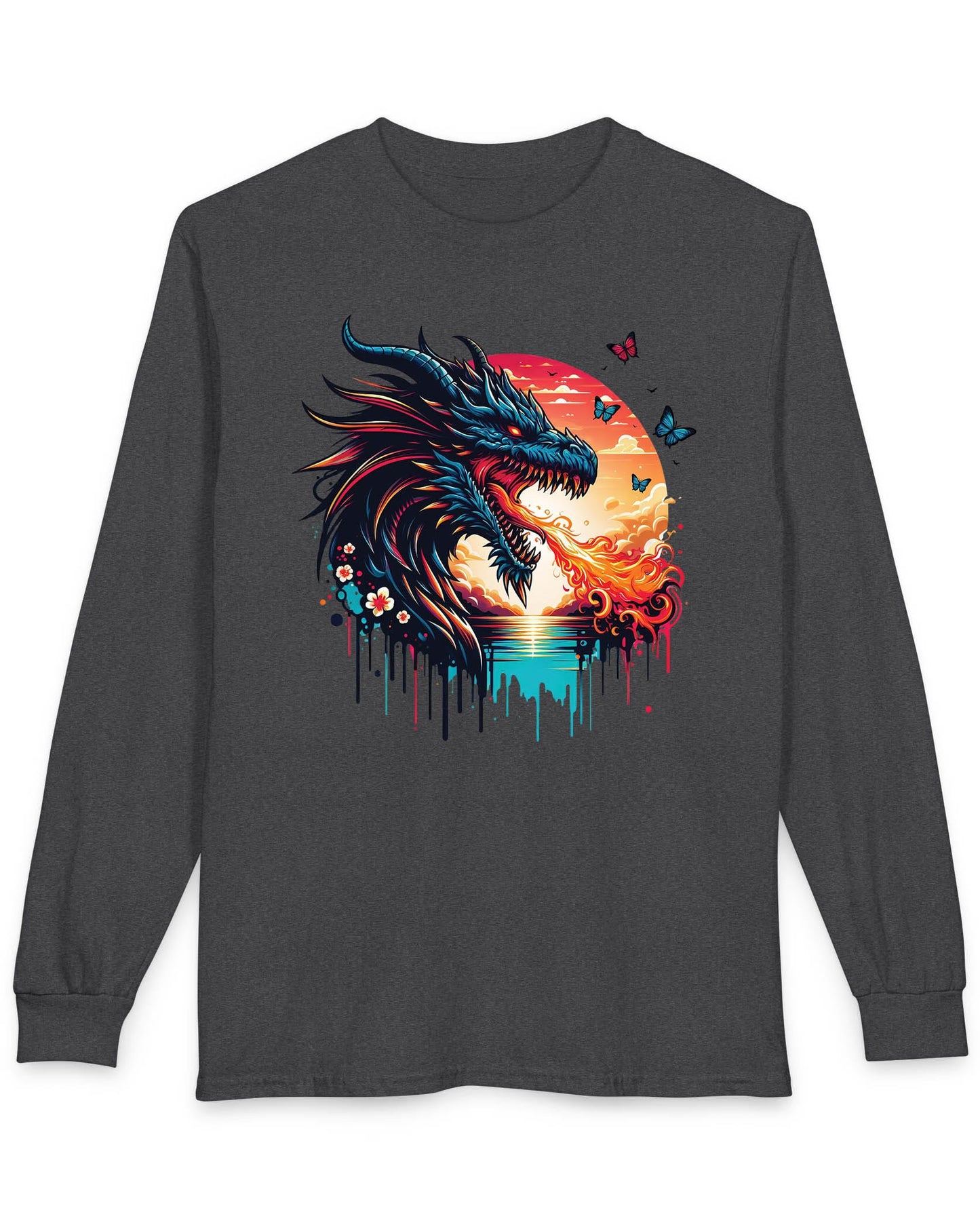 Sunset Inferno shirt in dark heather featuring a fire-breathing dragon against a vibrant sunset with floral accents