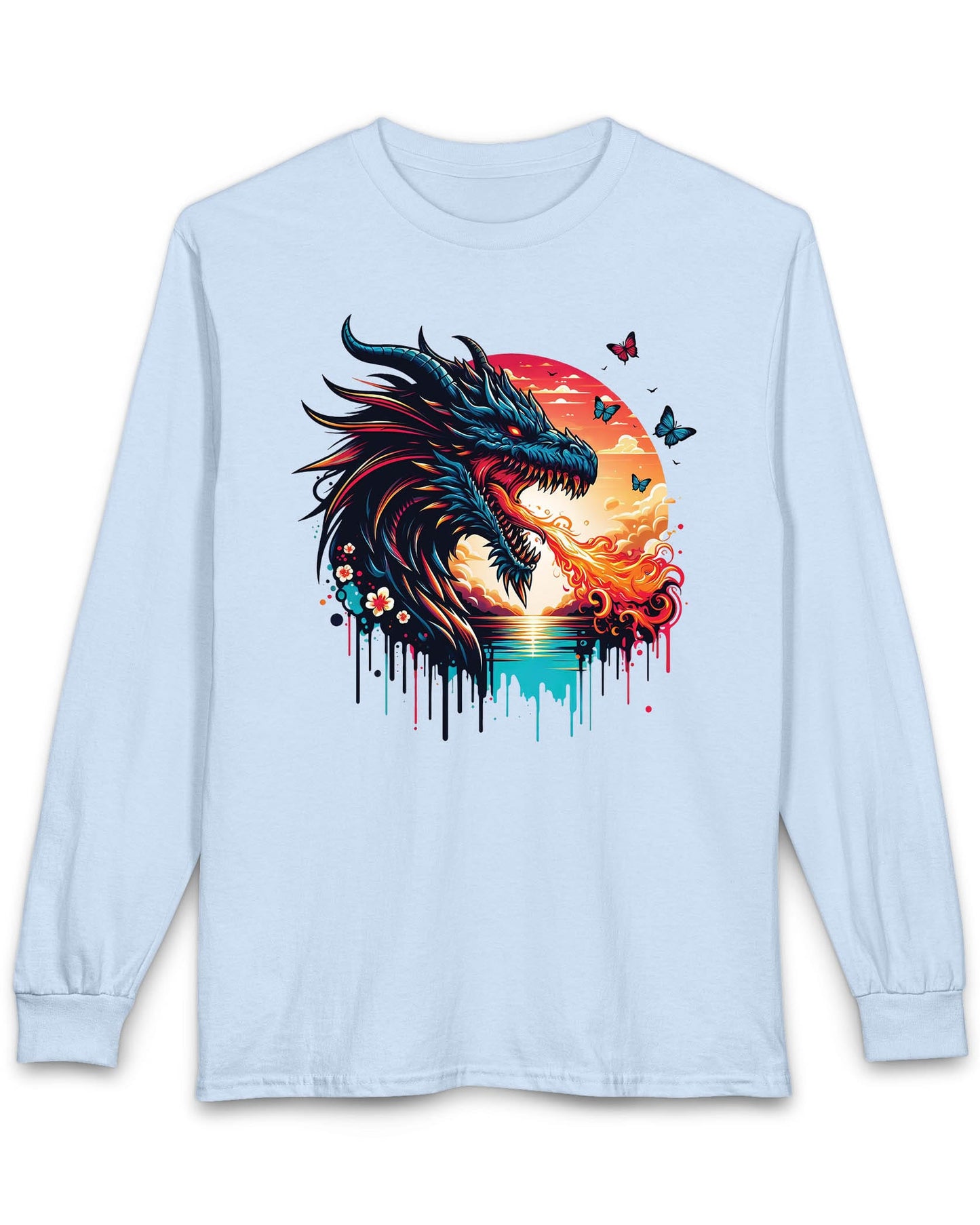 Sunset Inferno shirt in light blue featuring a fire-breathing dragon against a vibrant sunset with floral accents