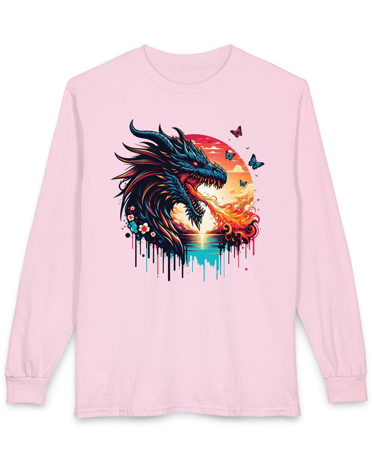 Sunset Inferno shirt in light pink featuring a fire-breathing dragon against a vibrant sunset with floral accents