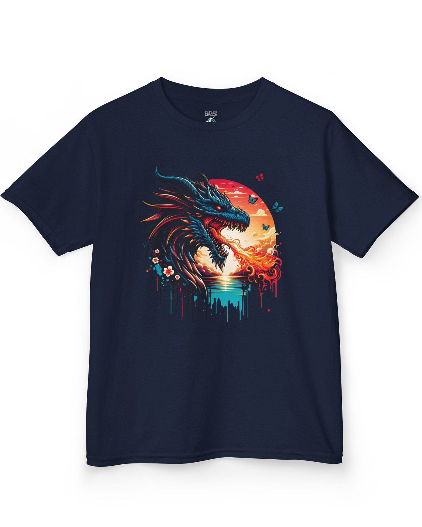 Sunset Inferno shirt in navy featuring a fire-breathing dragon against a vibrant sunset with floral accents.