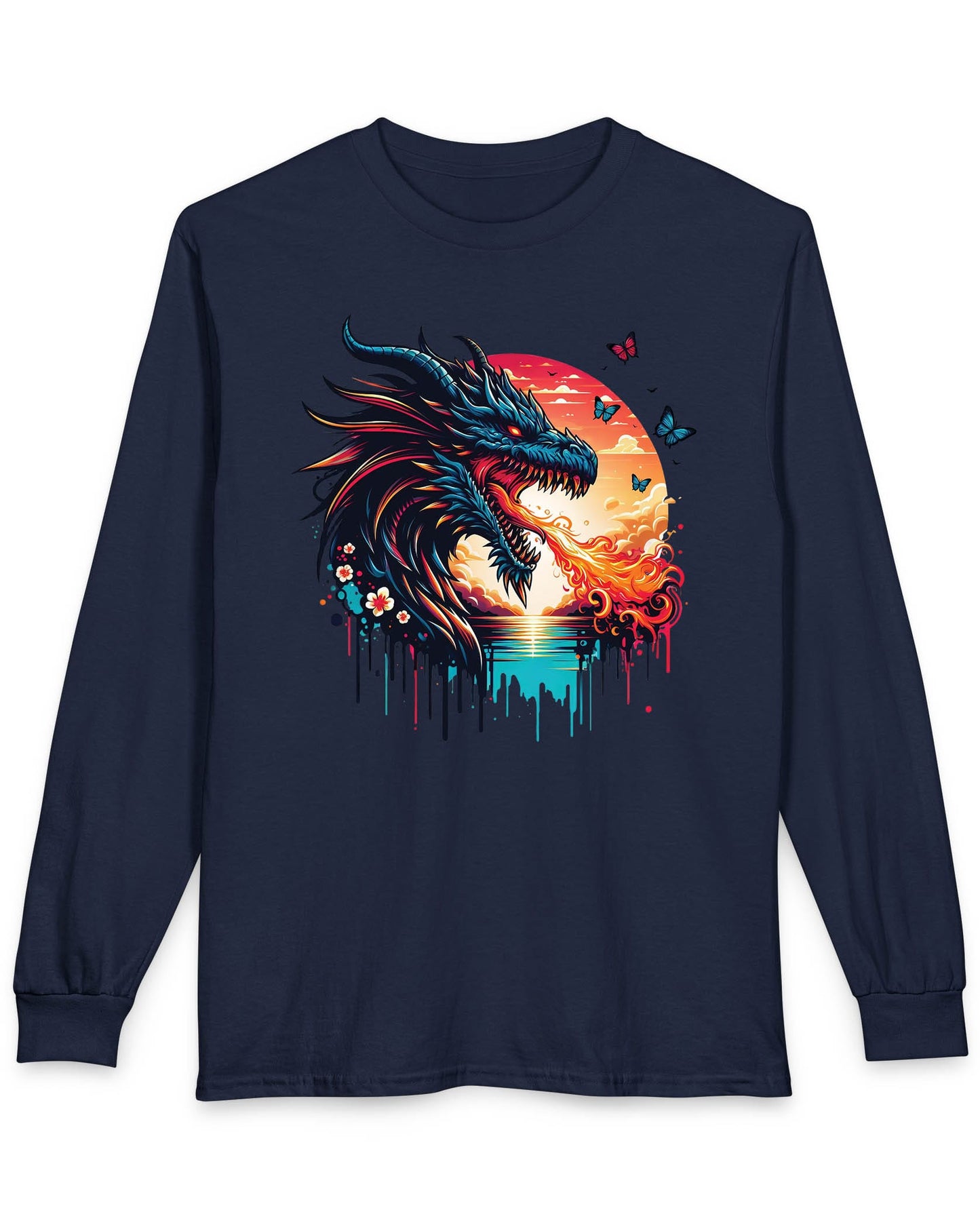 Sunset Inferno shirt in navy featuring a fire-breathing dragon against a vibrant sunset with floral accents