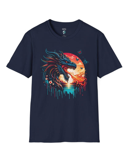 Sunset Inferno shirt in navy featuring a fire-breathing dragon against a vibrant sunset with floral accents.
