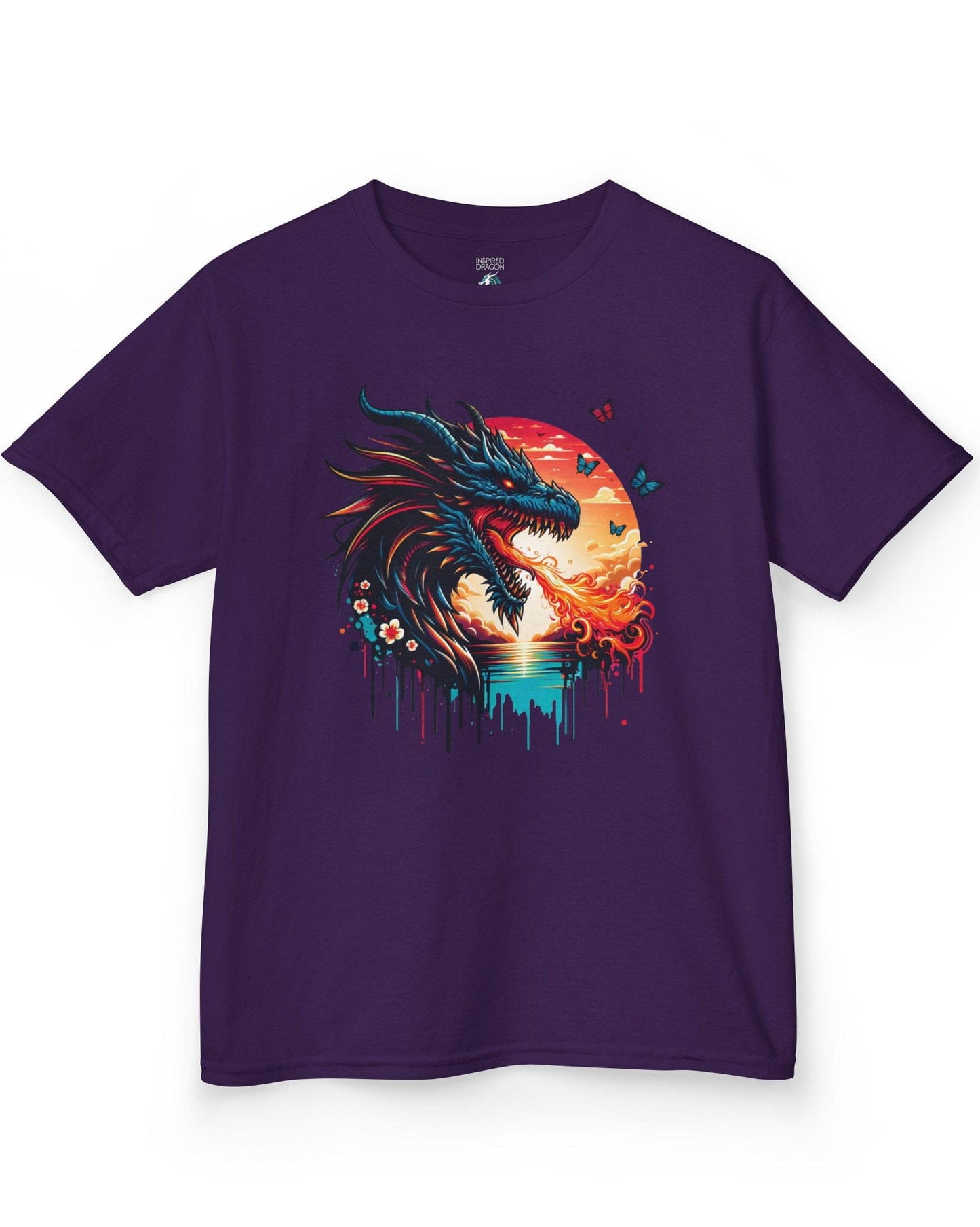 Sunset Inferno shirt in purple featuring a fire-breathing dragon against a vibrant sunset with floral accents.