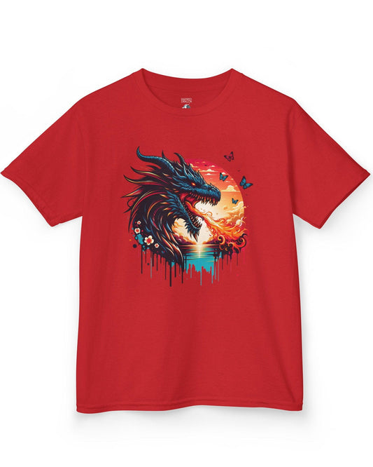 Sunset Inferno shirt in red featuring a fire-breathing dragon against a vibrant sunset with floral accents.