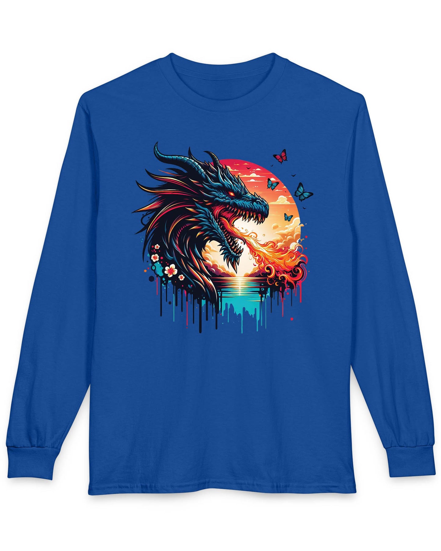 Sunset Inferno shirt in royal blue featuring a fire-breathing dragon against a vibrant sunset with floral accents