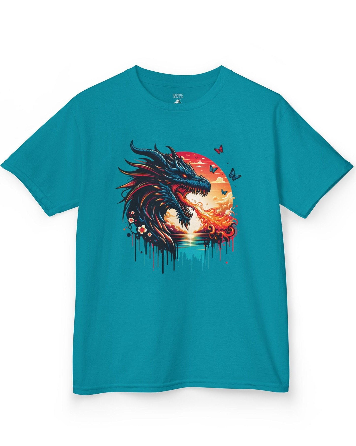 Sunset Inferno shirt in tropical blue featuring a fire-breathing dragon against a vibrant sunset with floral accents.