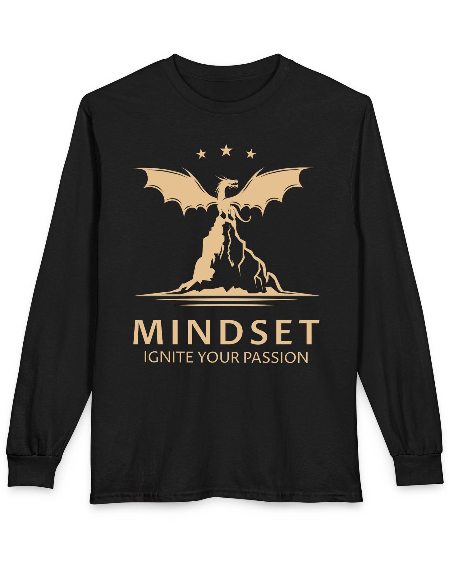 Ignite Your Passion shirt in black featuring a dragon atop a mountain with stars and motivational text below