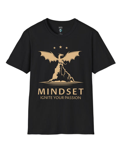 Ignite Your Passion shirt in black featuring a dragon atop a mountain with stars and motivational text below.
