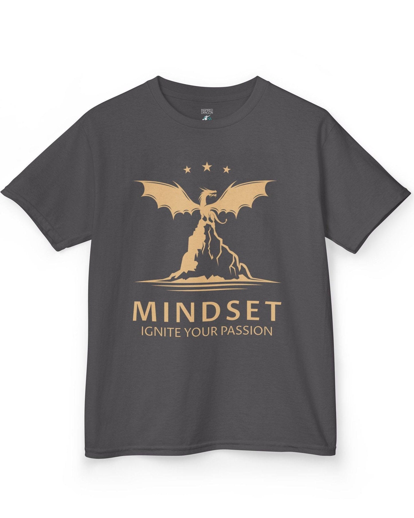 Ignite Your Passion shirt in charcoal featuring a dragon atop a mountain with stars and motivational text below.