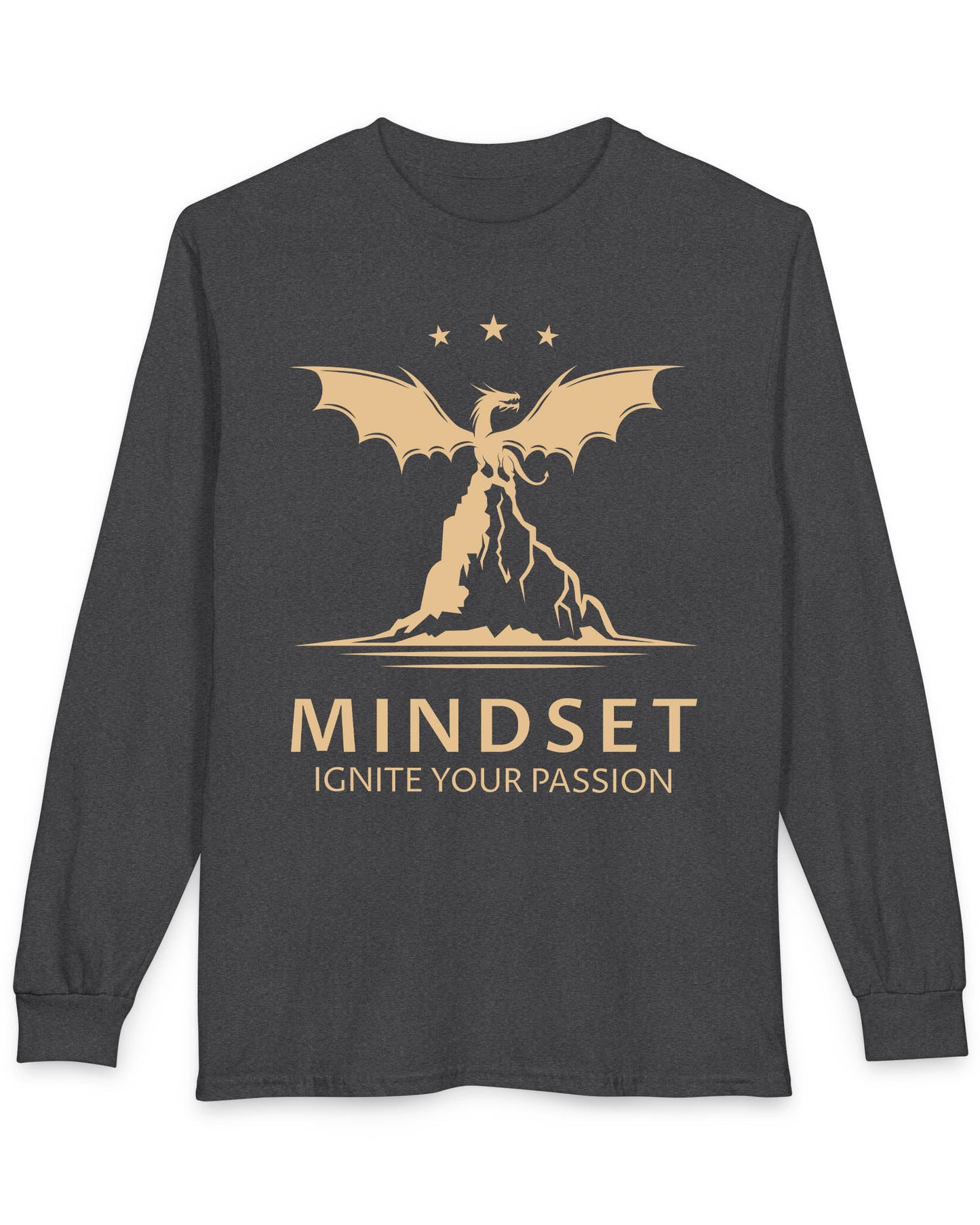 Ignite Your Passion shirt in dark heather featuring a dragon atop a mountain with stars and motivational text below