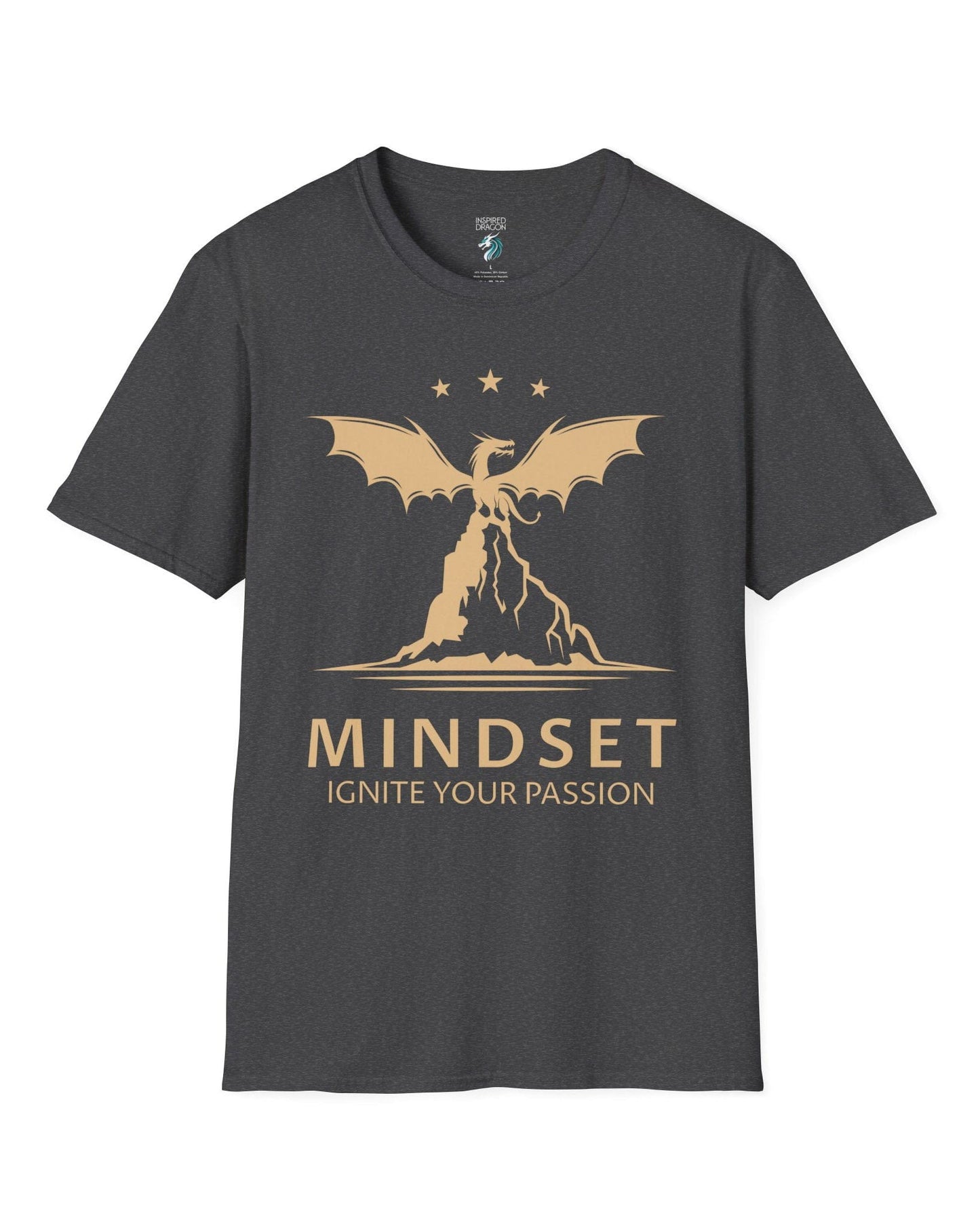 Ignite Your Passion shirt in dark heather grey featuring a dragon atop a mountain with stars and motivational text below.
