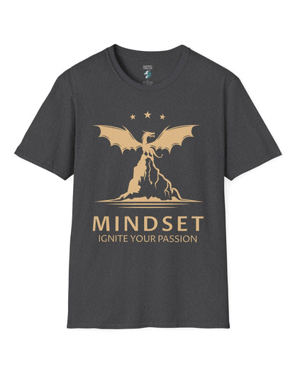 Ignite Your Passion shirt in dark heather grey featuring a dragon atop a mountain with stars and motivational text below.
