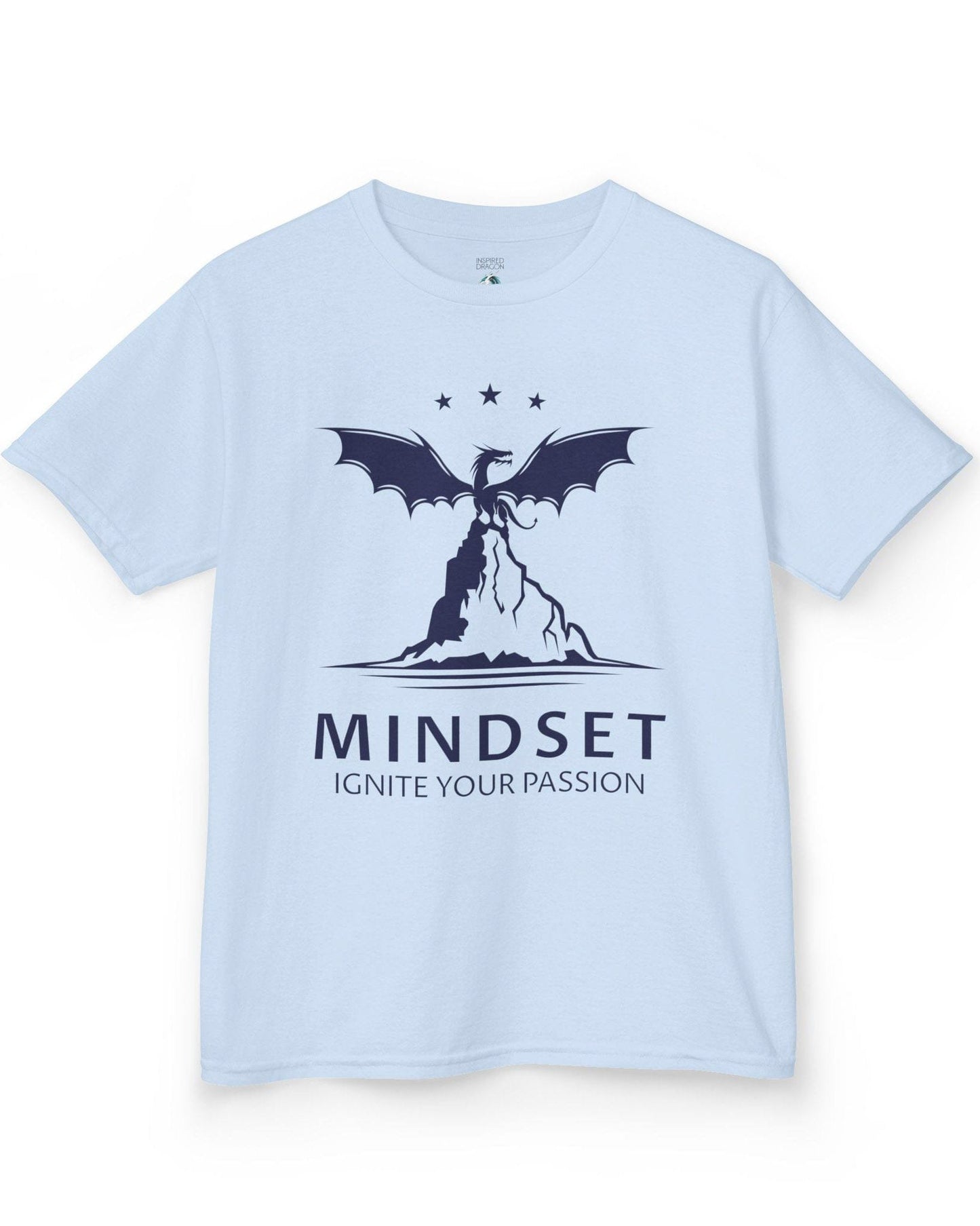 Ignite Your Passion shirt in light blue featuring a dragon atop a mountain with stars and motivational text below.