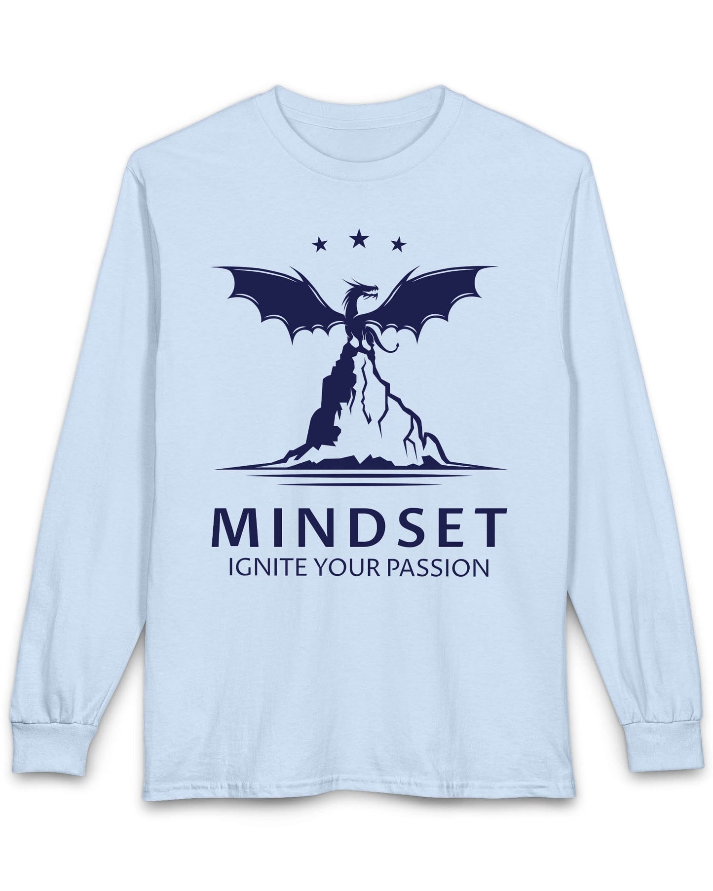 Ignite Your Passion shirt in light blue featuring a dragon atop a mountain with stars and motivational text below