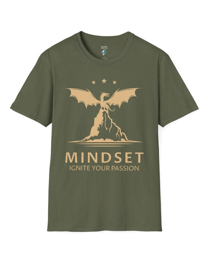 Ignite Your Passion shirt in military green featuring a dragon atop a mountain with stars and motivational text below.
