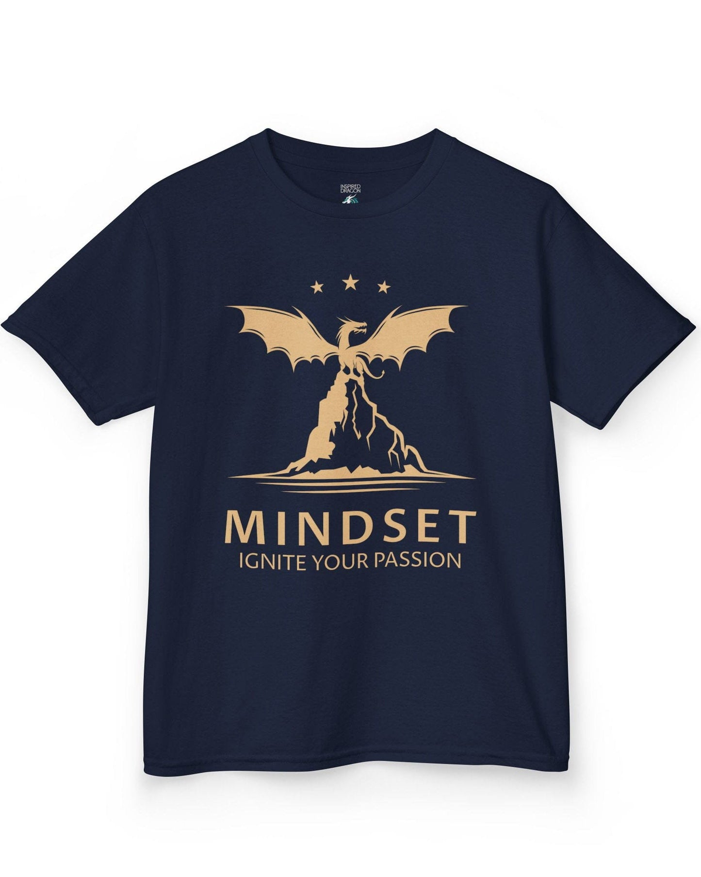 Ignite Your Passion shirt in navy featuring a dragon atop a mountain with stars and motivational text below.