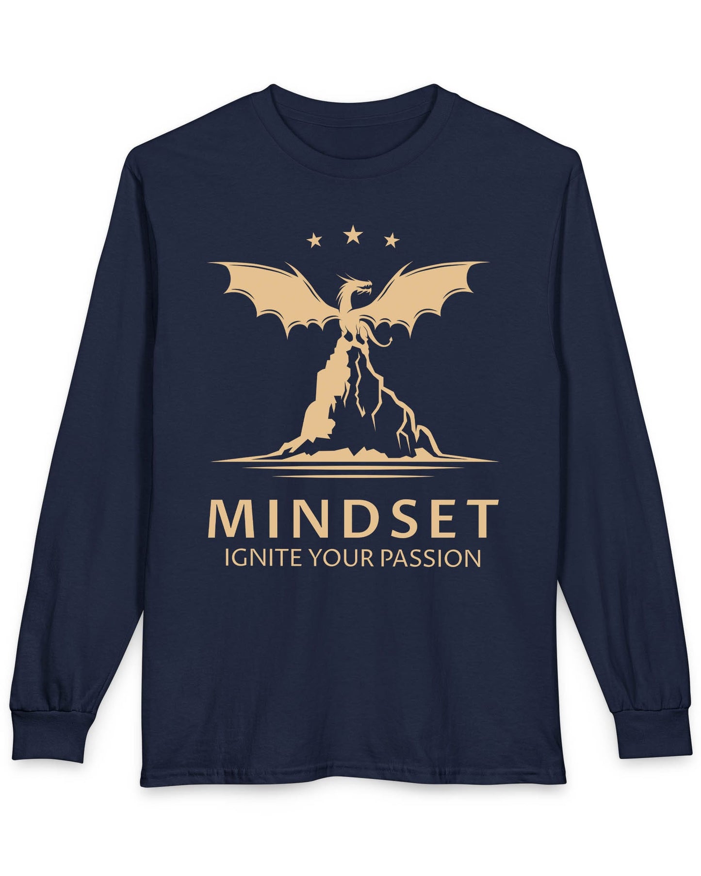 Ignite Your Passion shirt in navy featuring a dragon atop a mountain with stars and motivational text below