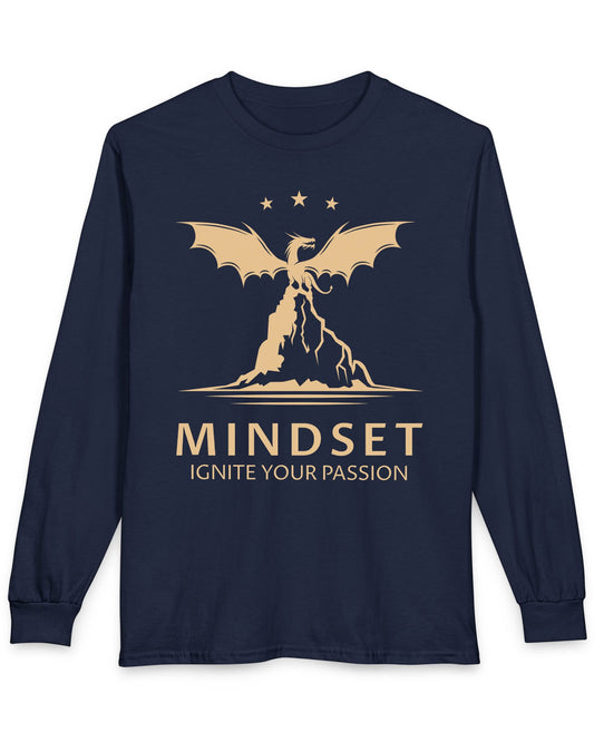 Ignite Your Passion shirt in navy featuring a dragon atop a mountain with stars and motivational text below