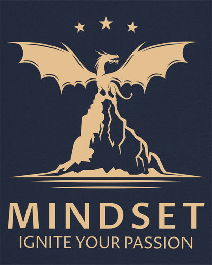 Ignite Your Passion shirt in navy featuring a dragon atop a mountain with stars and motivational text below.