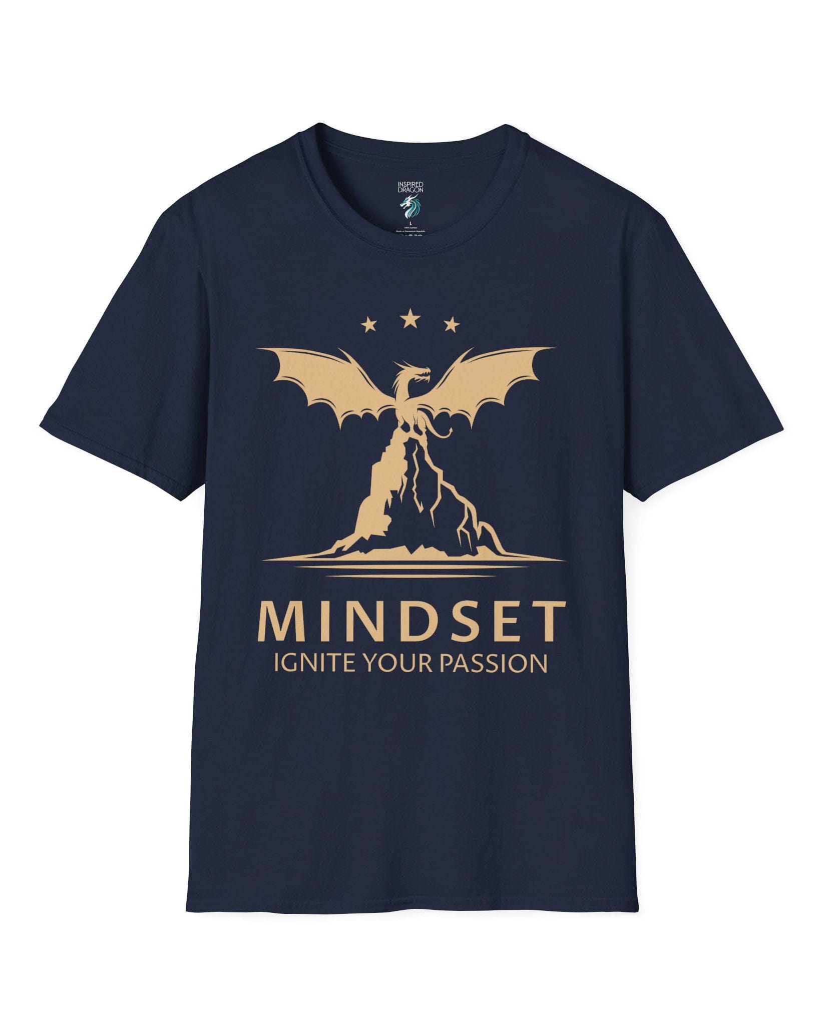 Ignite Your Passion shirt in navy featuring a dragon atop a mountain with stars and motivational text below.
