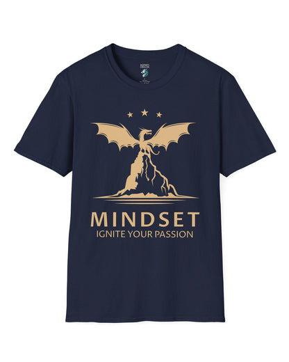 Ignite Your Passion shirt in navy featuring a dragon atop a mountain with stars and motivational text below.
