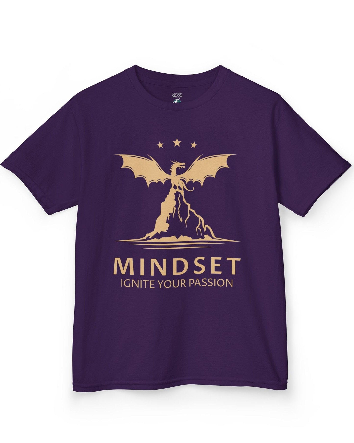 Ignite Your Passion shirt in purple featuring a dragon atop a mountain with stars and motivational text below.