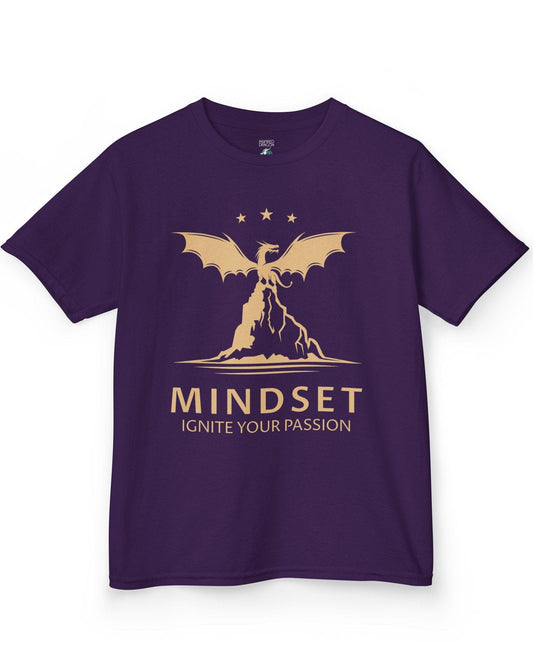 Ignite Your Passion shirt in purple featuring a dragon atop a mountain with stars and motivational text below.