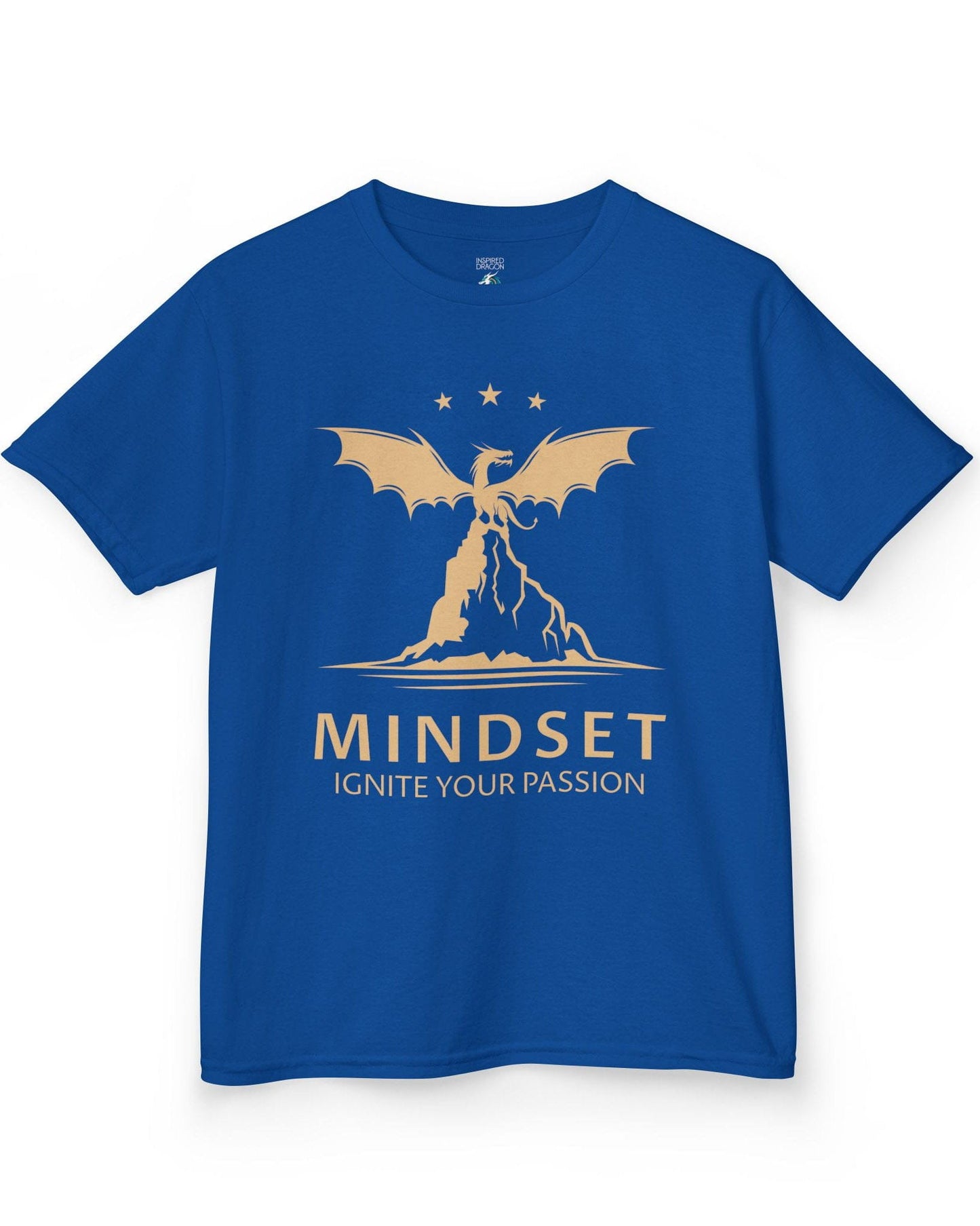 Ignite Your Passion shirt in royal blue featuring a dragon atop a mountain with stars and motivational text below.