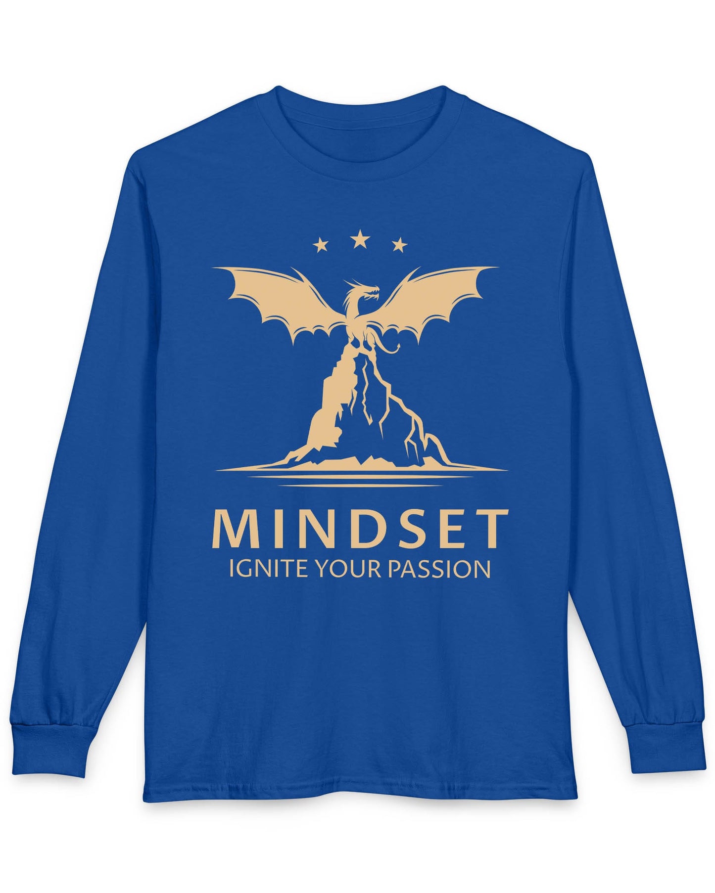 Ignite Your Passion shirt in royal blue featuring a dragon atop a mountain with stars and motivational text below