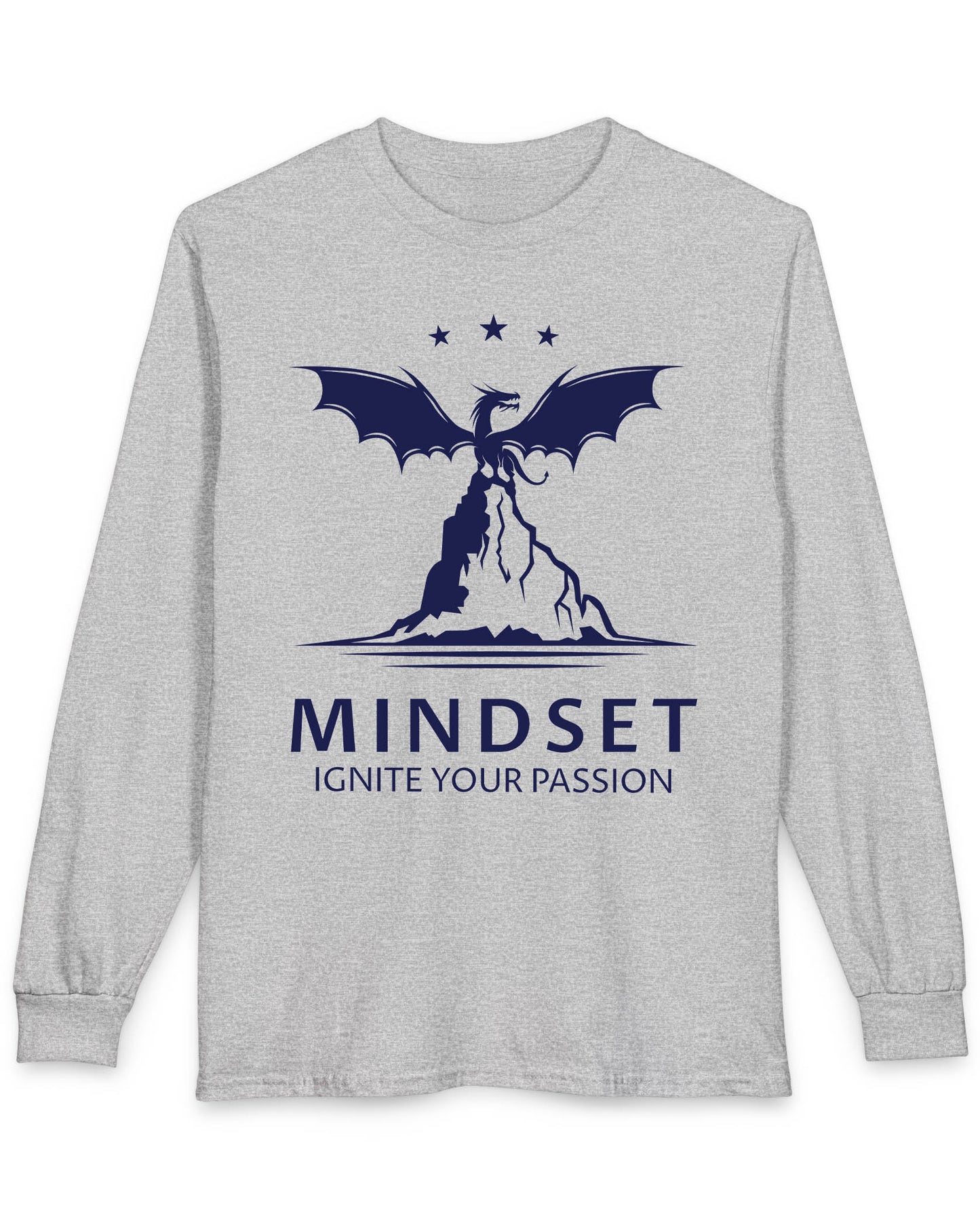 Ignite Your Passion shirt in sport grey featuring a dragon atop a mountain with stars and motivational text below