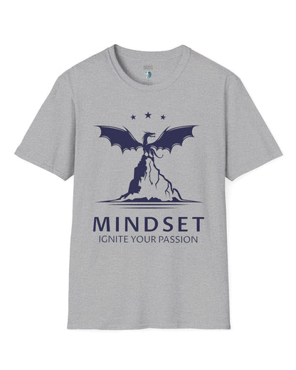 Ignite Your Passion shirt in sport grey featuring a dragon atop a mountain with stars and motivational text below.
