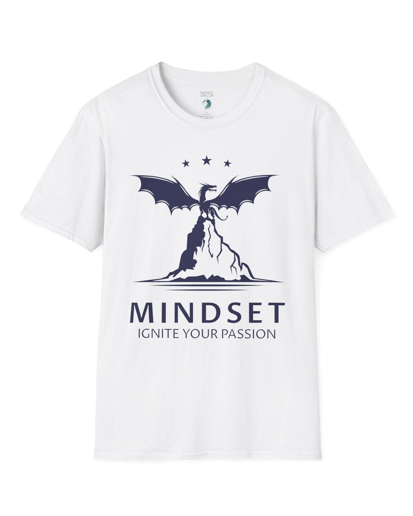 Ignite Your Passion shirt in white featuring a dragon atop a mountain with stars and motivational text below.
