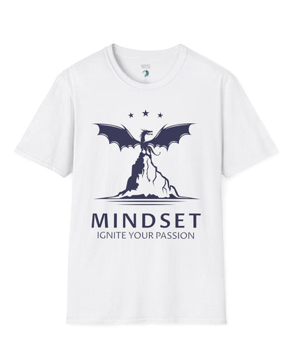 Ignite Your Passion shirt in white featuring a dragon atop a mountain with stars and motivational text below.
