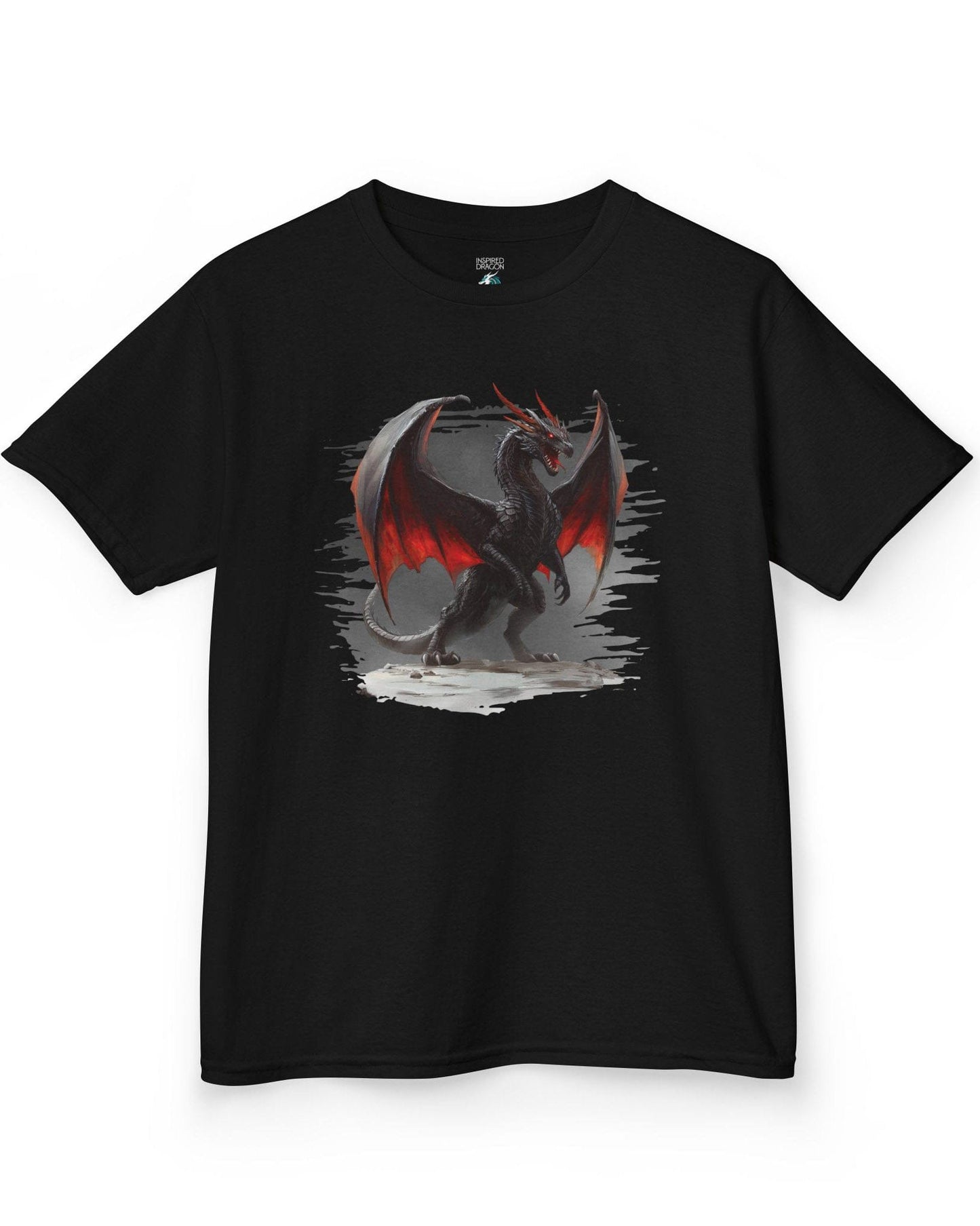 The Obsidian Tyrant shirt in black, featuring a fierce black dragon with glowing red wings and blazing eyes.