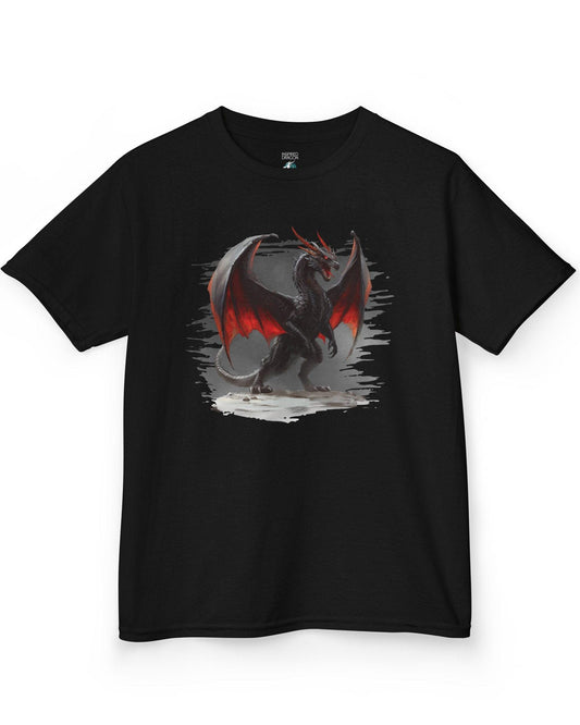 The Obsidian Tyrant shirt in black, featuring a fierce black dragon with glowing red wings and blazing eyes.