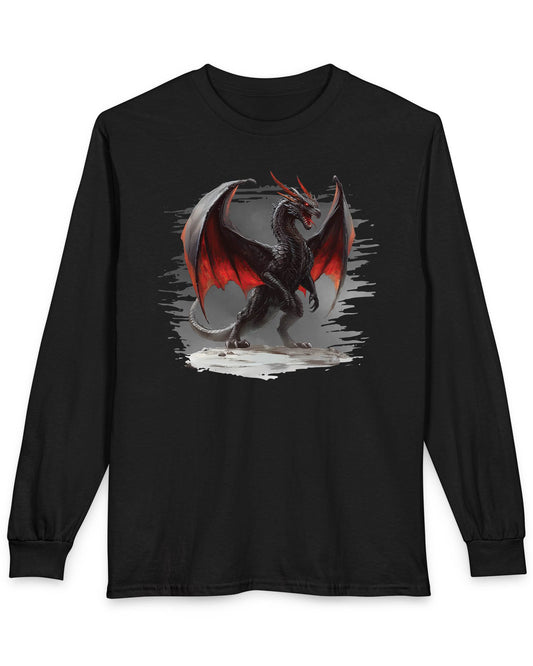 The Obsidian Tyrant shirt in black featuring a fierce black dragon with glowing red wings and blazing eyes